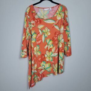Susan Graver Womens Floral Liquid Knit Top 1X Asymmetrical Tunic Stretch Flowy